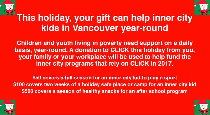 Holiday appeal graphic: $50 covers a full season for an inner city kid to play a sport, $100 covers two weeks of a holiday safe place or camp, $500 covers a season of healthy snacks for an after-school program