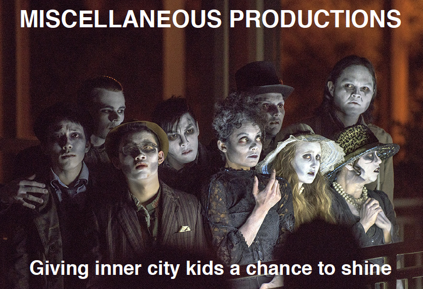 Cast photo from a MISCELLANEOUS Productions play, captioned "Giving inner city kids a chance to shine"