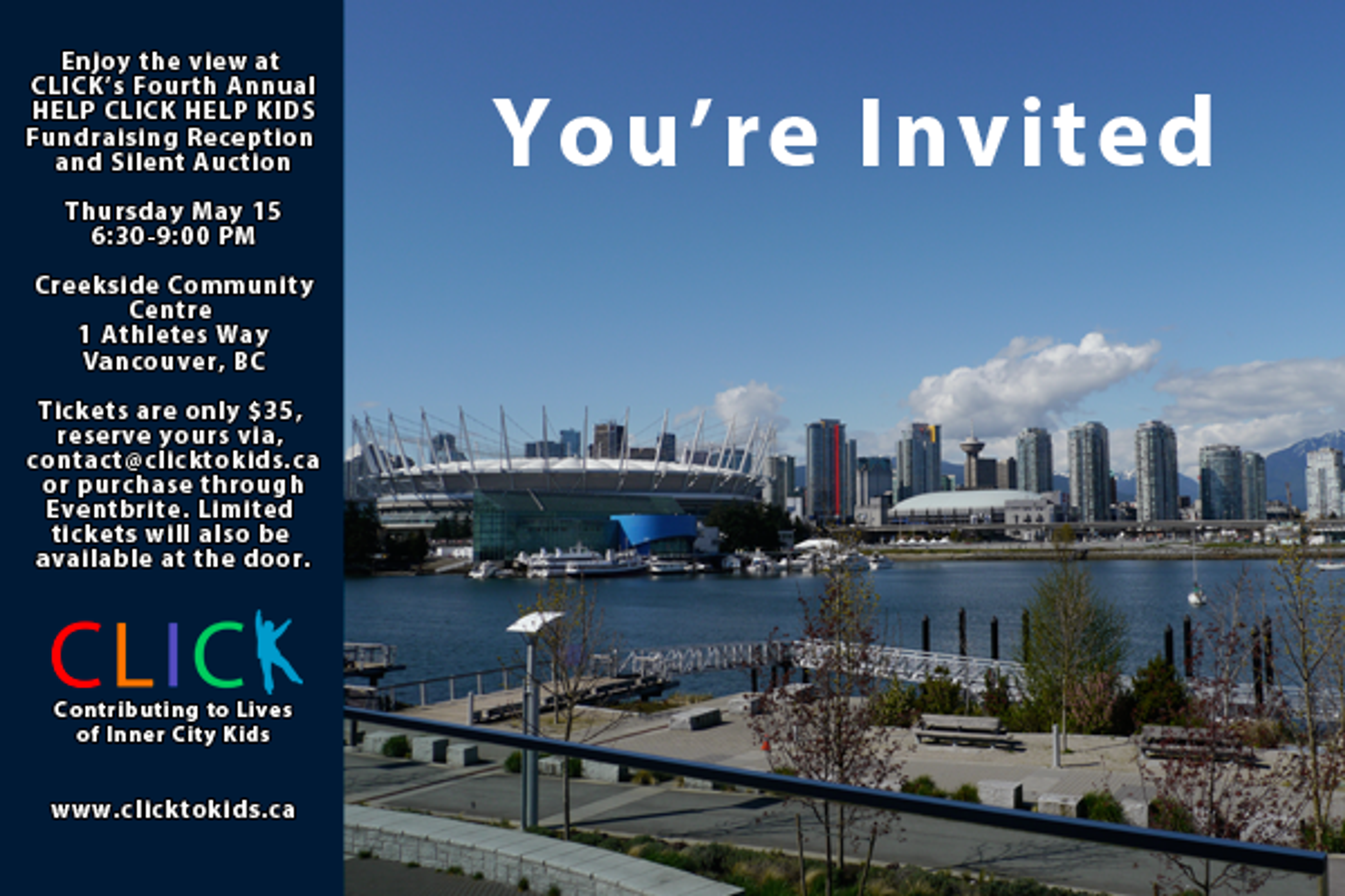 Invitation to CLICK's fourth annual Help CLICK Help Kids fundraising reception and silent auction, over a photo of the Vancouver skyline