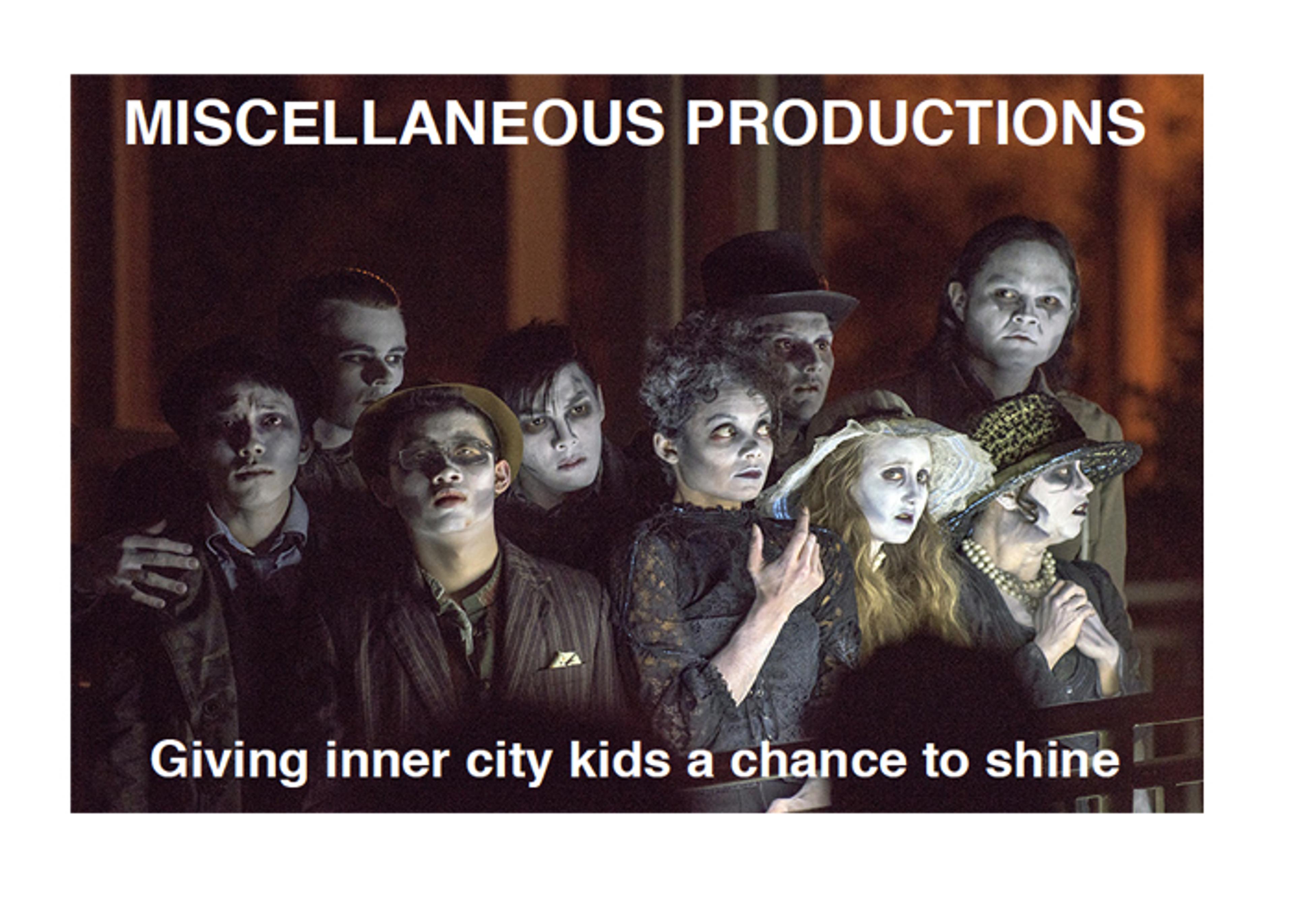 Cast photo from a MISCELLANEOUS Productions play, captioned "Giving inner city kids a chance to shine"