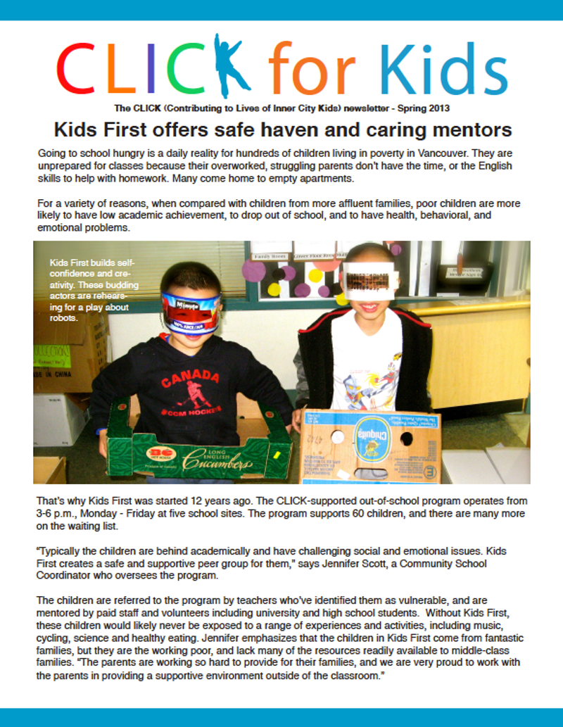 Newsletter front page on Kids First, an out-of-school program offering a safe haven and caring mentors