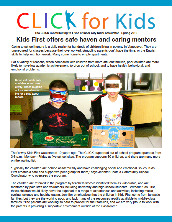 Newsletter front page on Kids First, an out-of-school program offering a safe haven and caring mentors