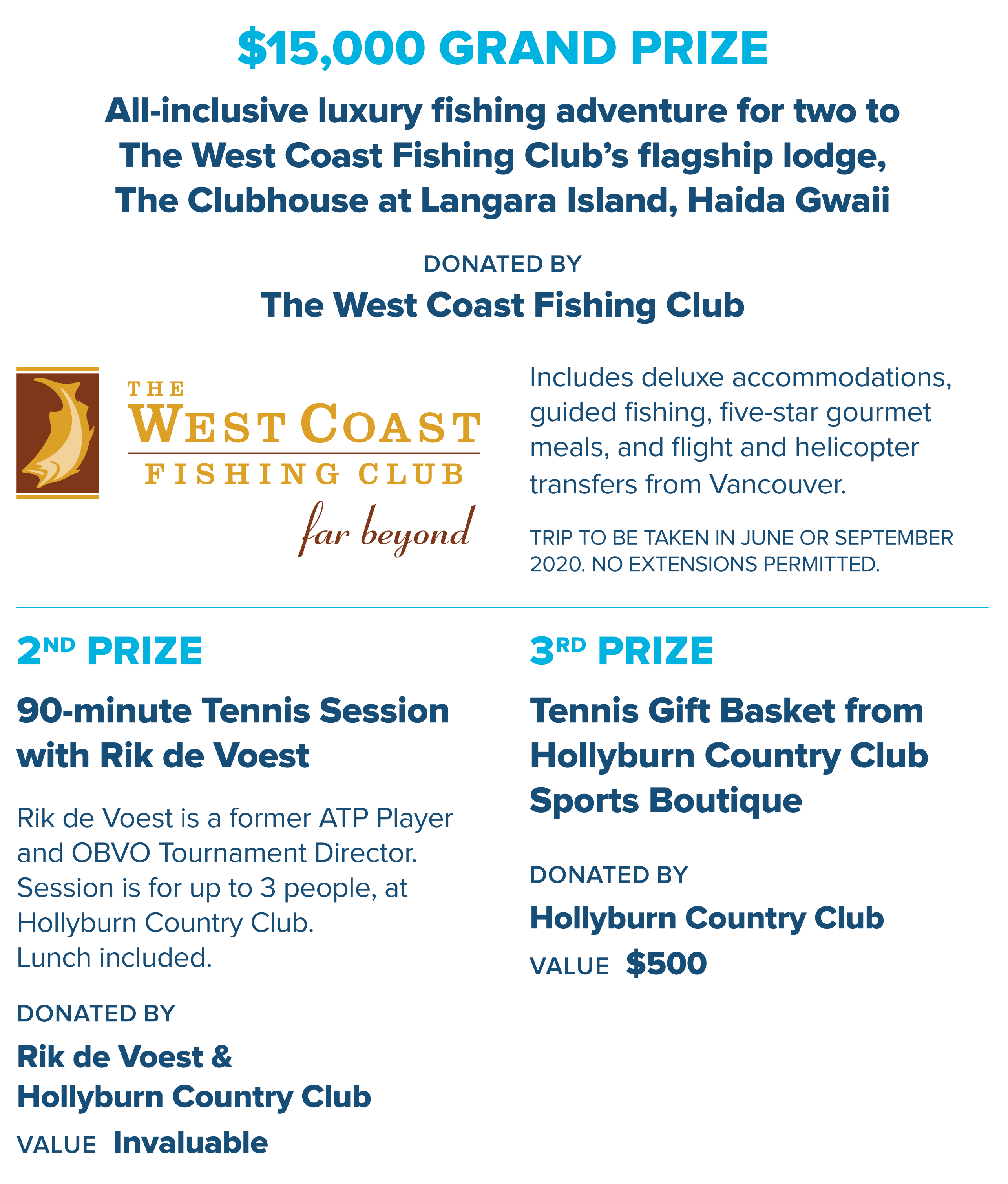 Prize list: a $15,000 all-inclusive fishing adventure for two at The Clubhouse, a 90-minute tennis session with Rik de Voest, and a tennis gift basket from Hollyburn Country Club