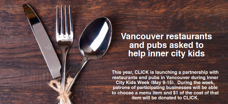 Graphic reading "Vancouver restaurants and pubs asked to help inner city kids", over a place setting
