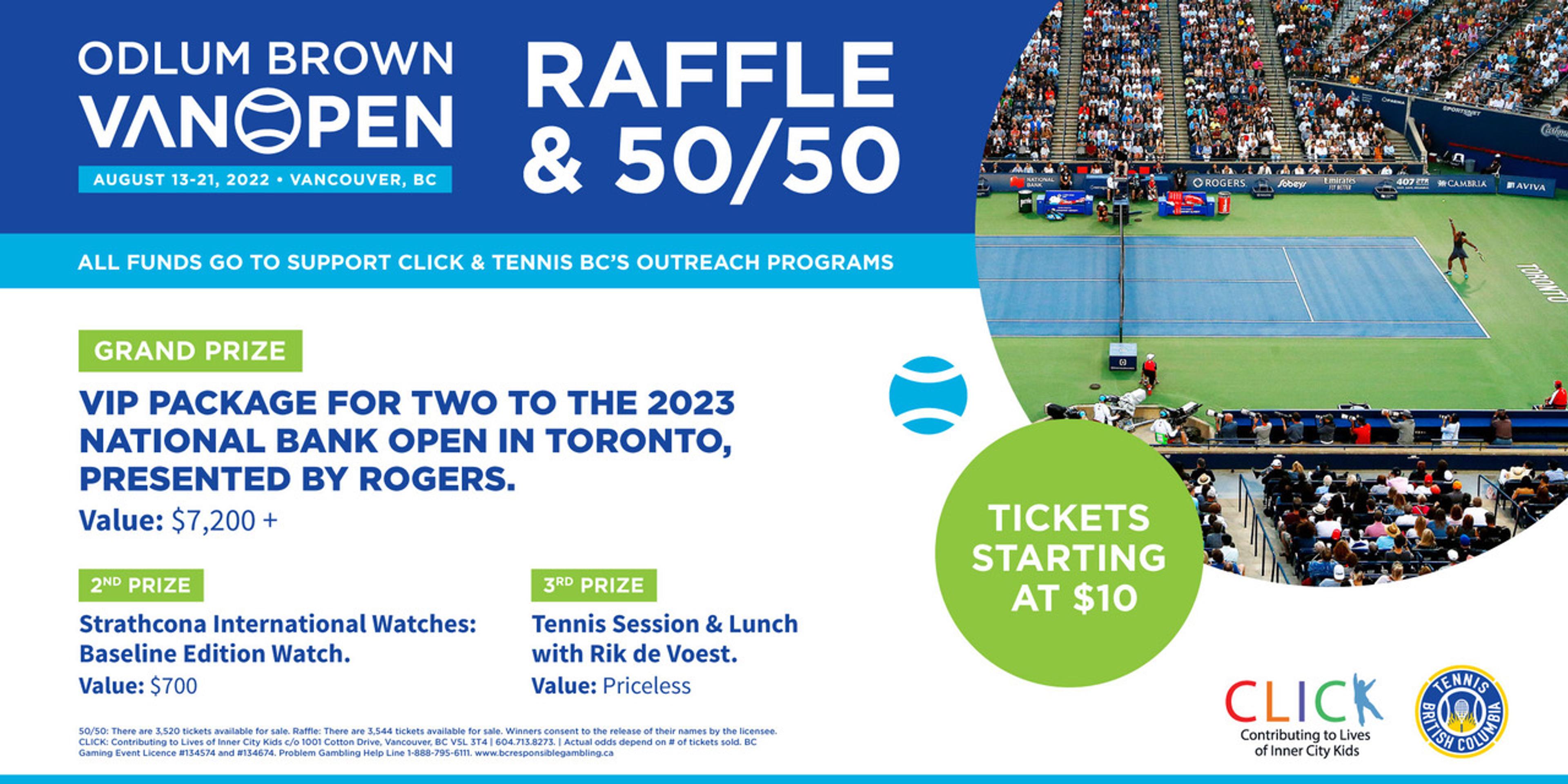 Banner for the 2022 Odlum Brown VanOpen raffle and 50/50, with tickets starting at $10
