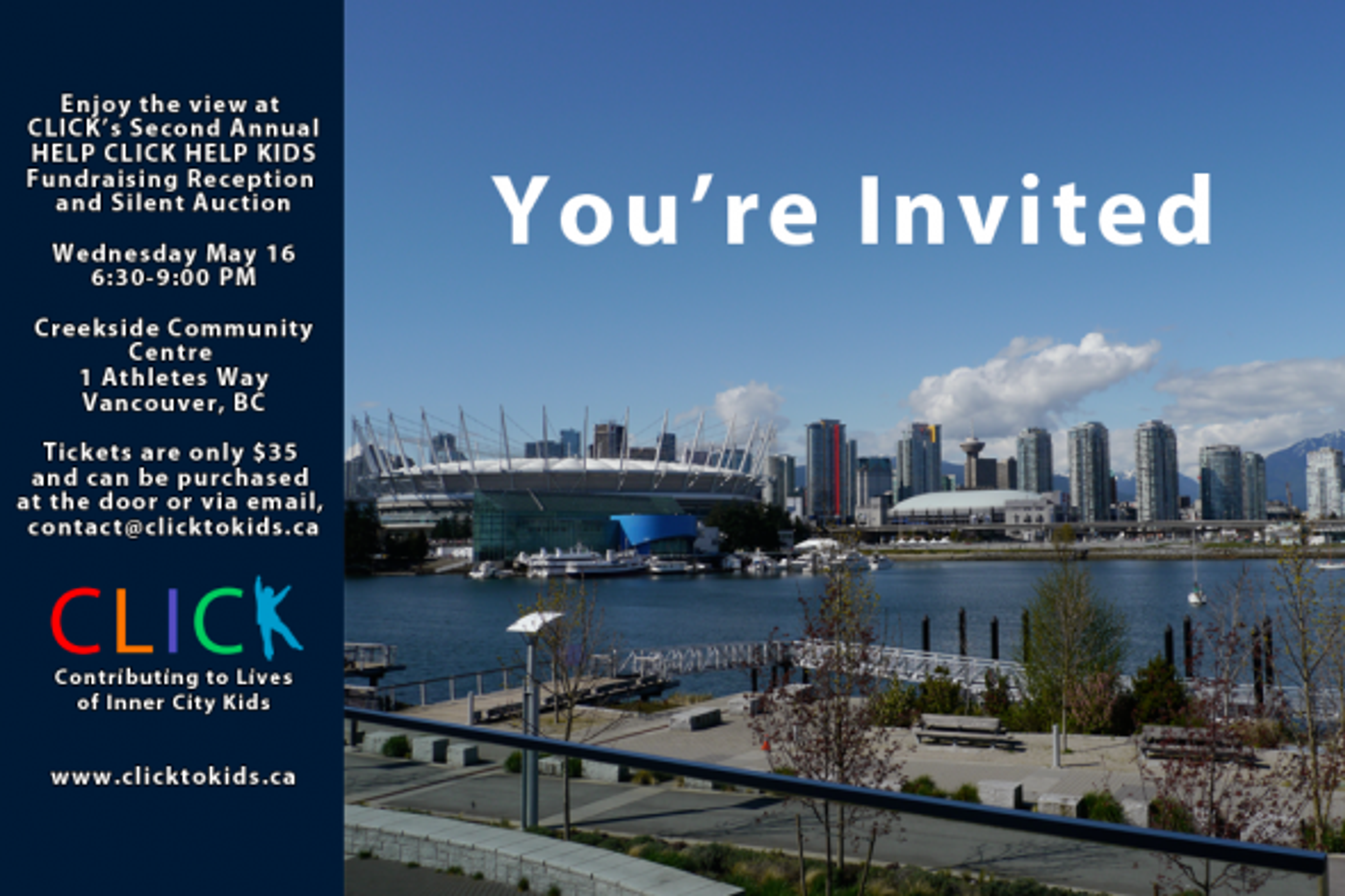 Invitation card for CLICK's second annual Help CLICK Help Kids fundraising reception and silent auction, over a photo of the Vancouver skyline at dusk