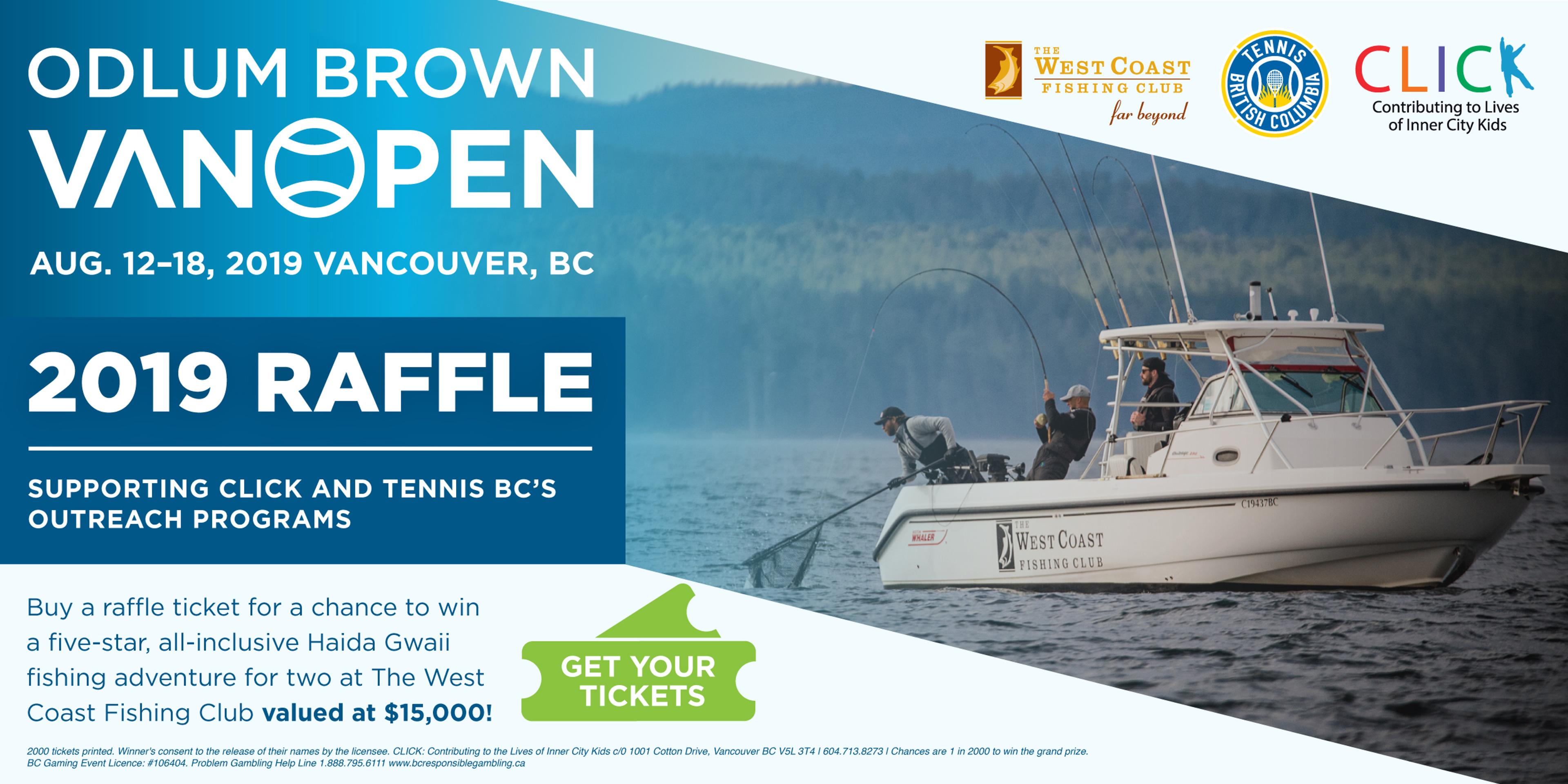Banner for the Odlum Brown VanOpen 2019 Raffle, supporting CLICK and Tennis BC's outreach programs