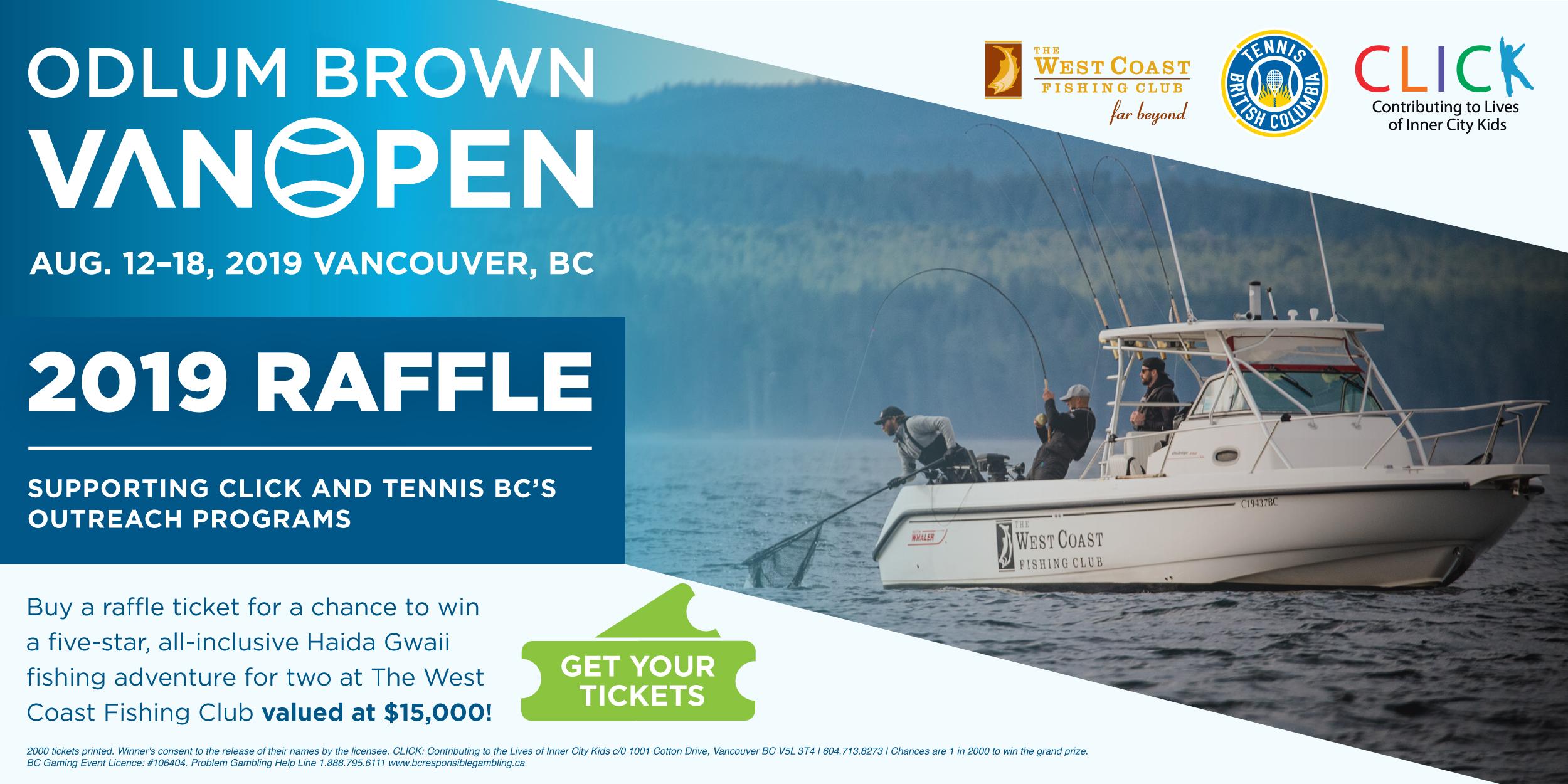 Banner for the Odlum Brown VanOpen 2019 Raffle, supporting CLICK and Tennis BC's outreach programs