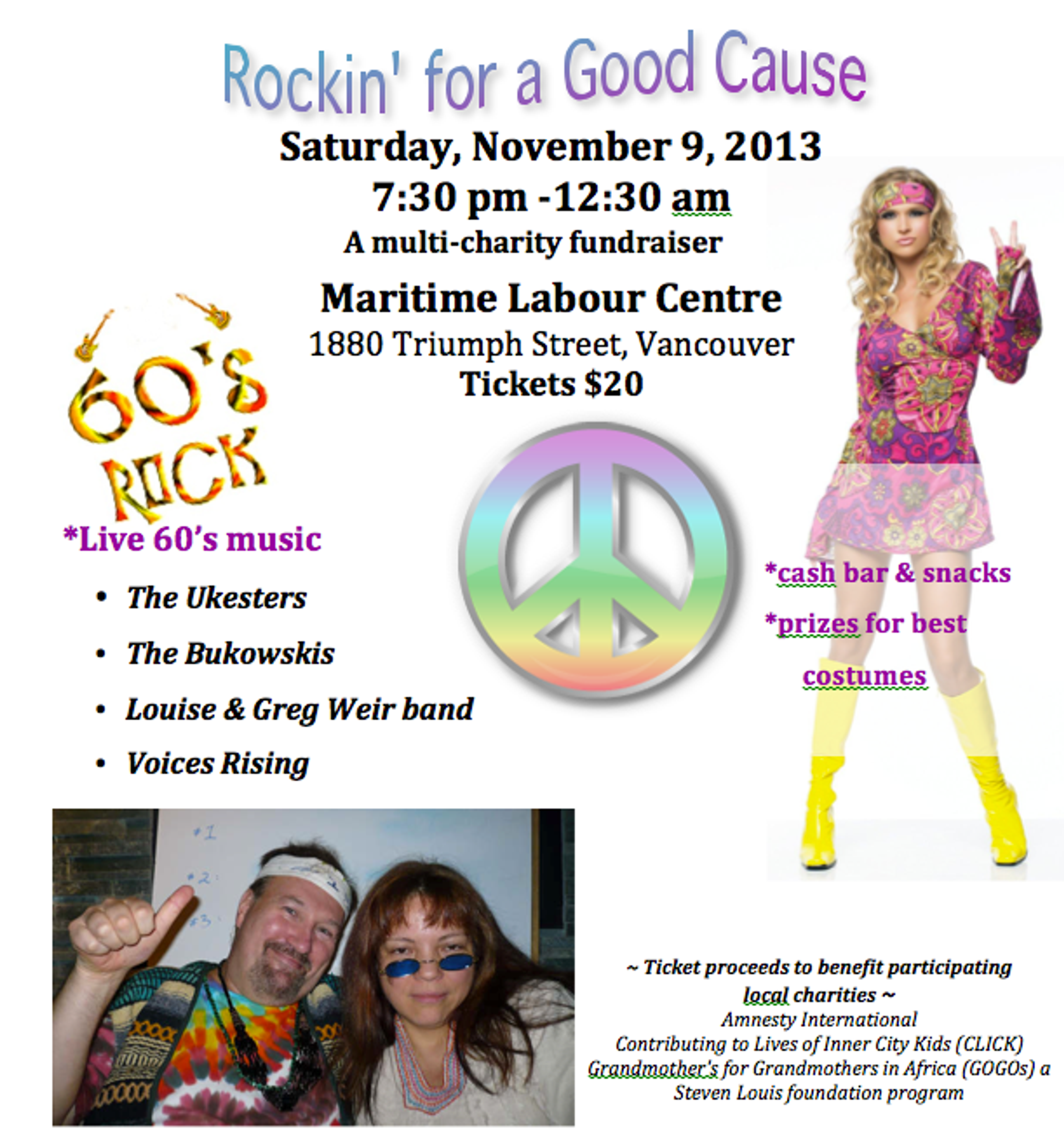Poster for Rockin' for a Good Cause on November 9, 2013 at the Maritime Labour Centre, a sixties-themed multi-charity fundraiser