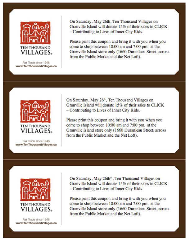 Printable Ten Thousand Villages coupon directing 15% of the day's sales to CLICK