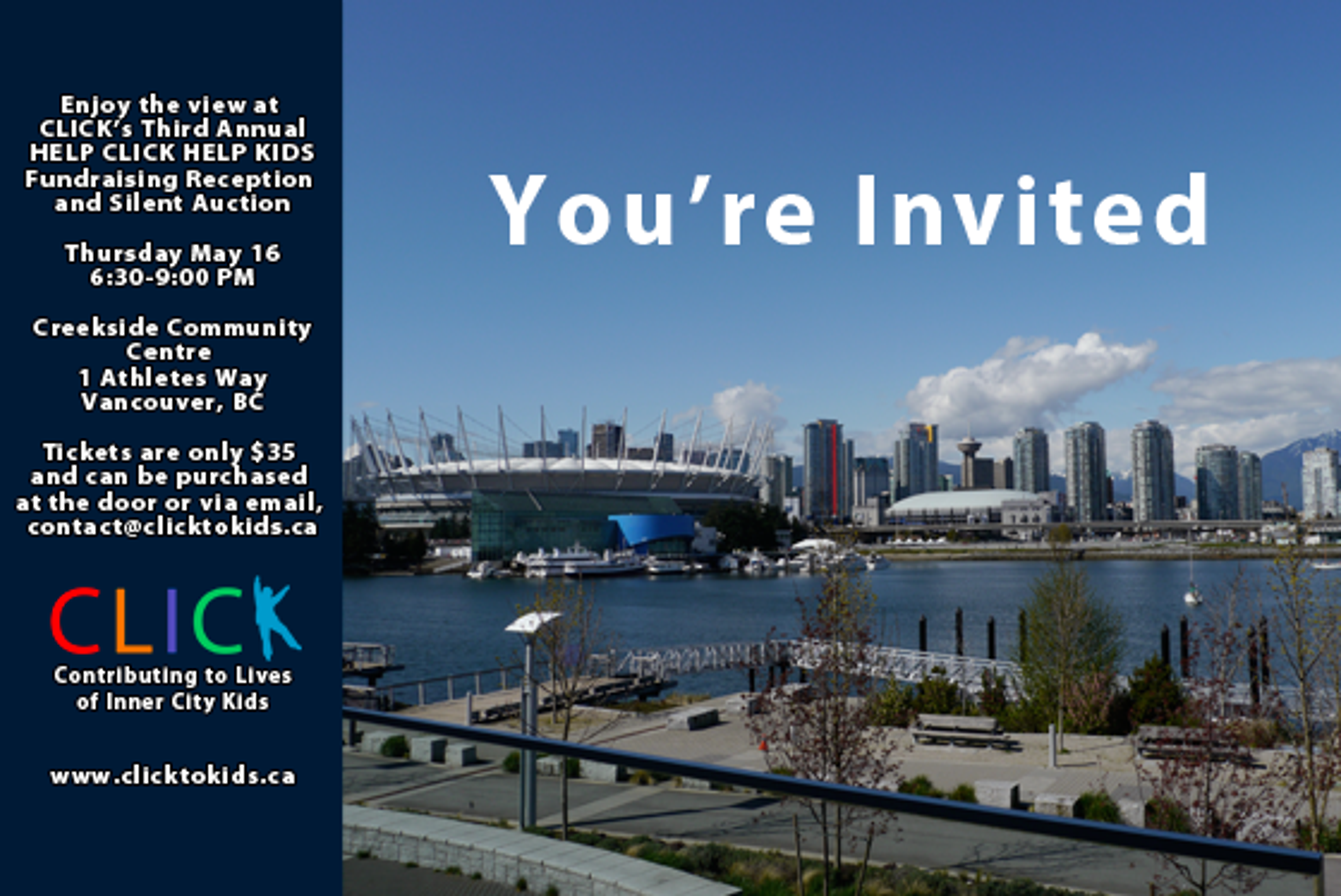Invitation to CLICK's third annual Help CLICK Help Kids fundraising reception and silent auction, over a photo of the Vancouver skyline