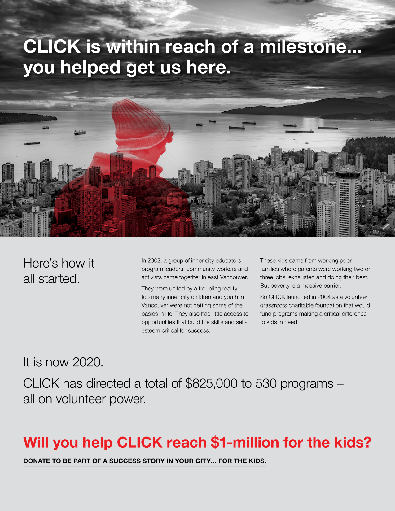 Poster reading "CLICK is within reach of a milestone… you helped get us here", over a Vancouver skyline