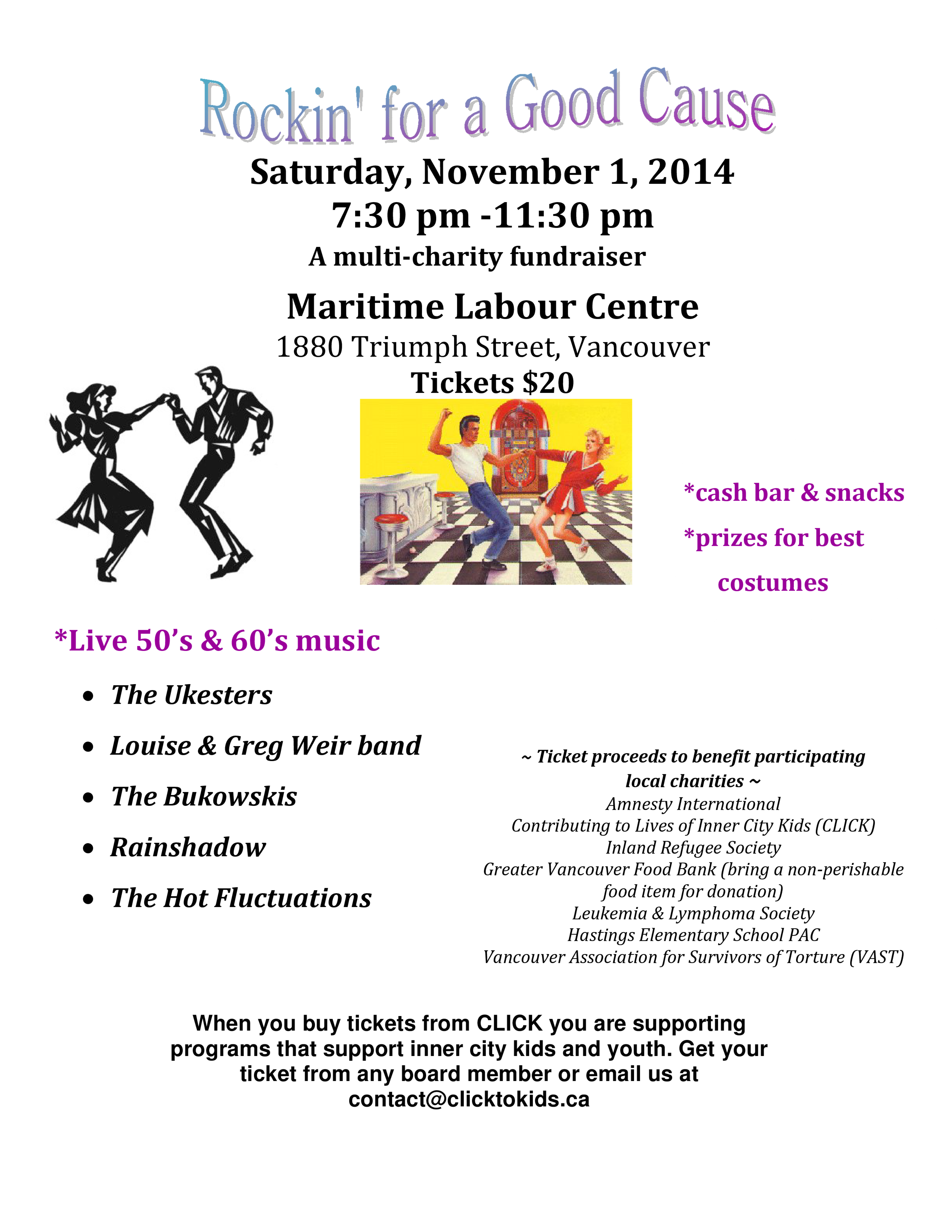Poster for Rockin' for a Good Cause on November 1, 2014 at the Maritime Labour Centre, listing five live bands