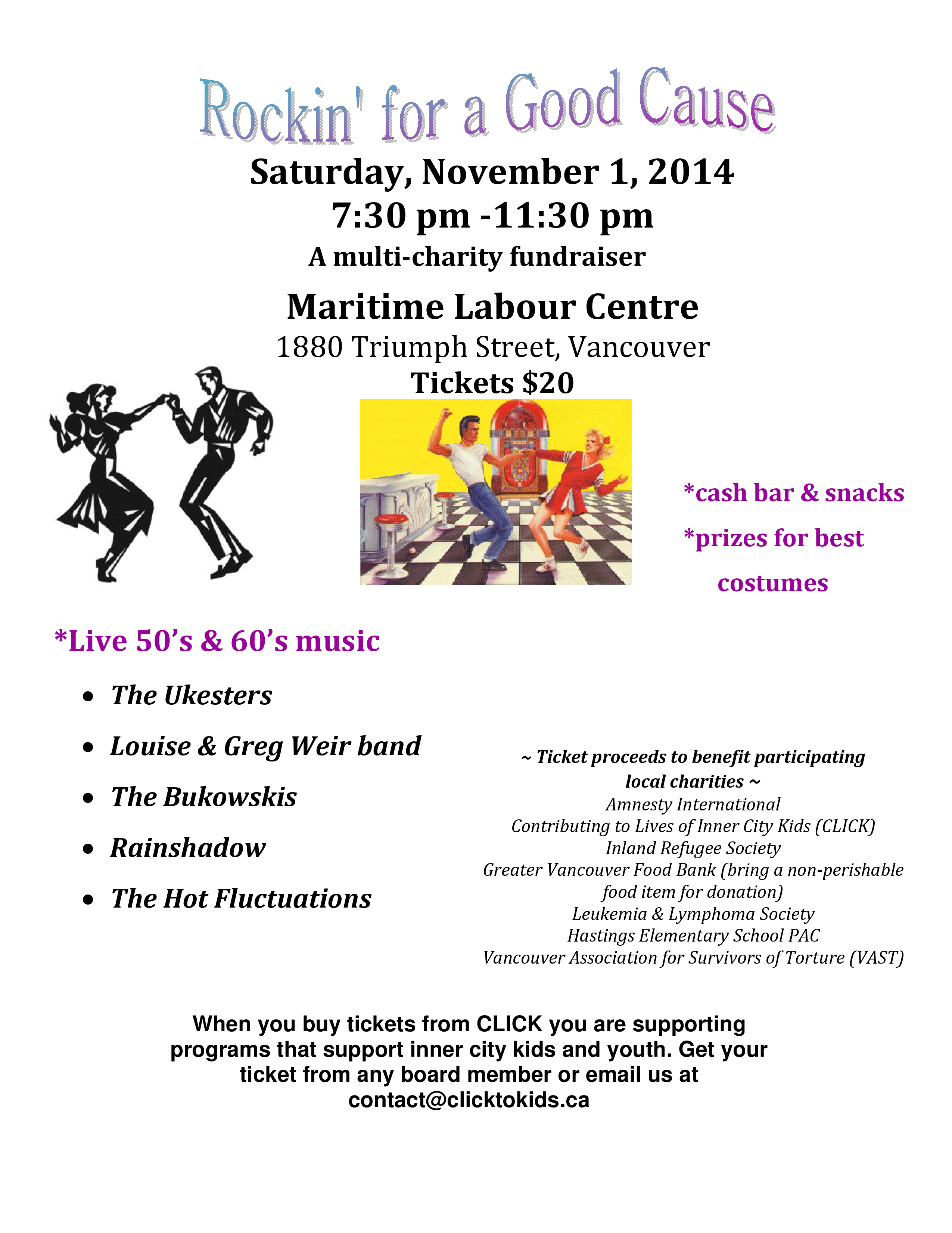 Poster for Rockin' for a Good Cause on November 1, 2014 at the Maritime Labour Centre, listing five live bands