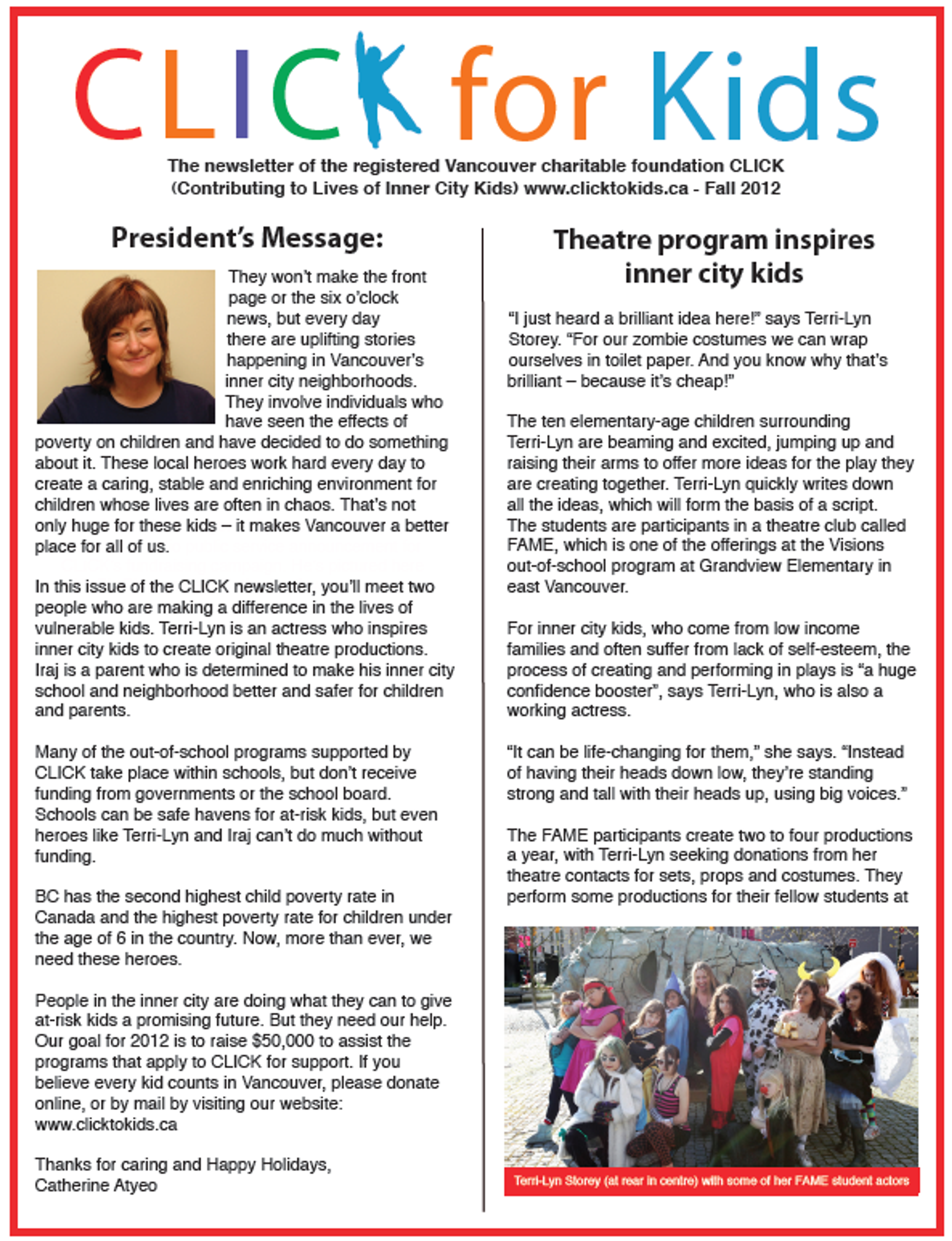 Front page of CLICK's Fall 2012 newsletter, headlined CLICK for Kids
