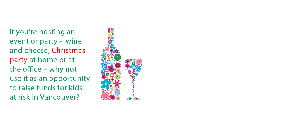 Illustration of a wine bottle and glass made of flowers, inviting readers to turn a party into a fundraiser for kids at risk in Vancouver