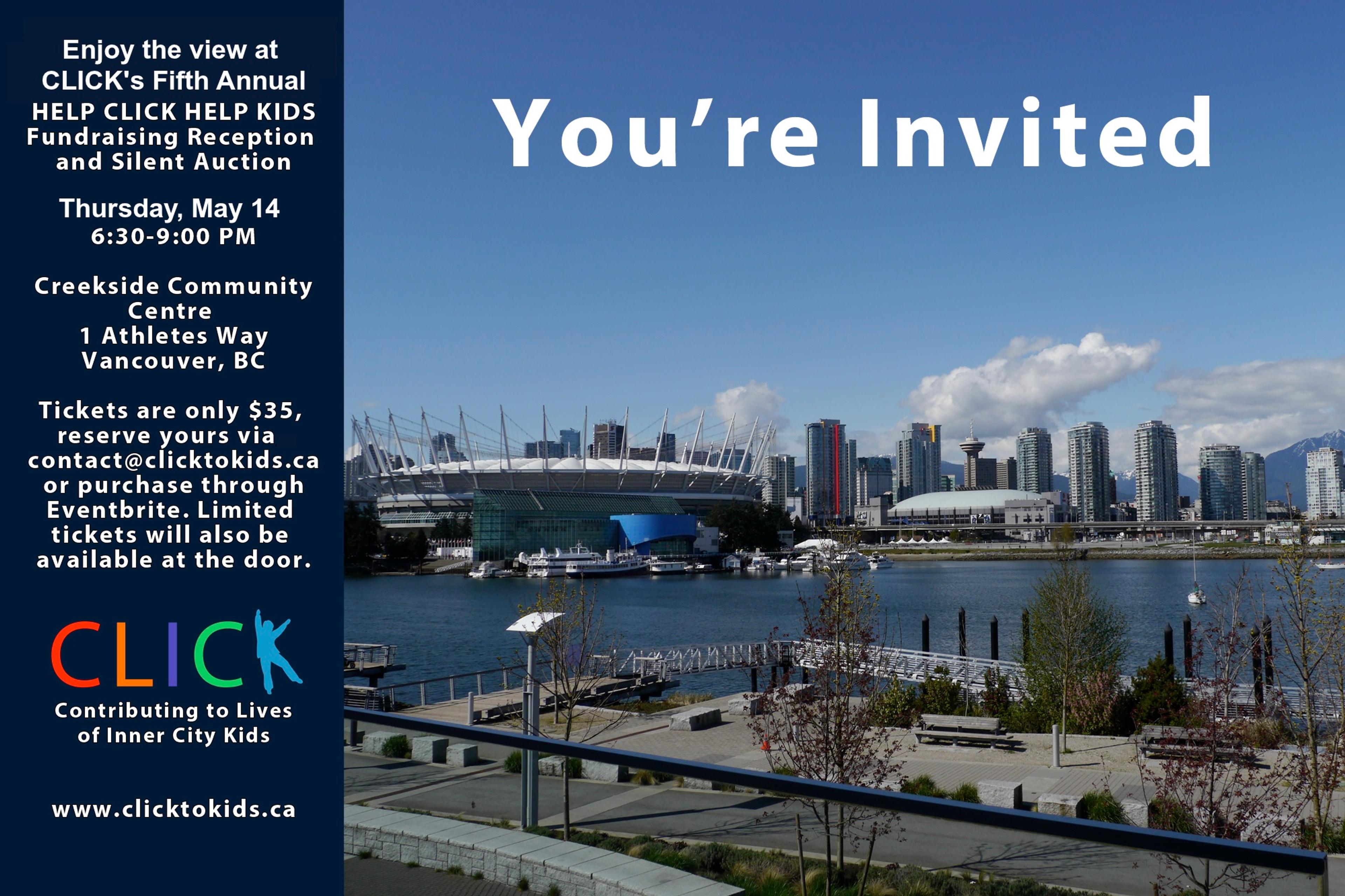 Invitation to CLICK's fifth annual Help CLICK Help Kids fundraising reception and silent auction, over a photo of the Vancouver skyline