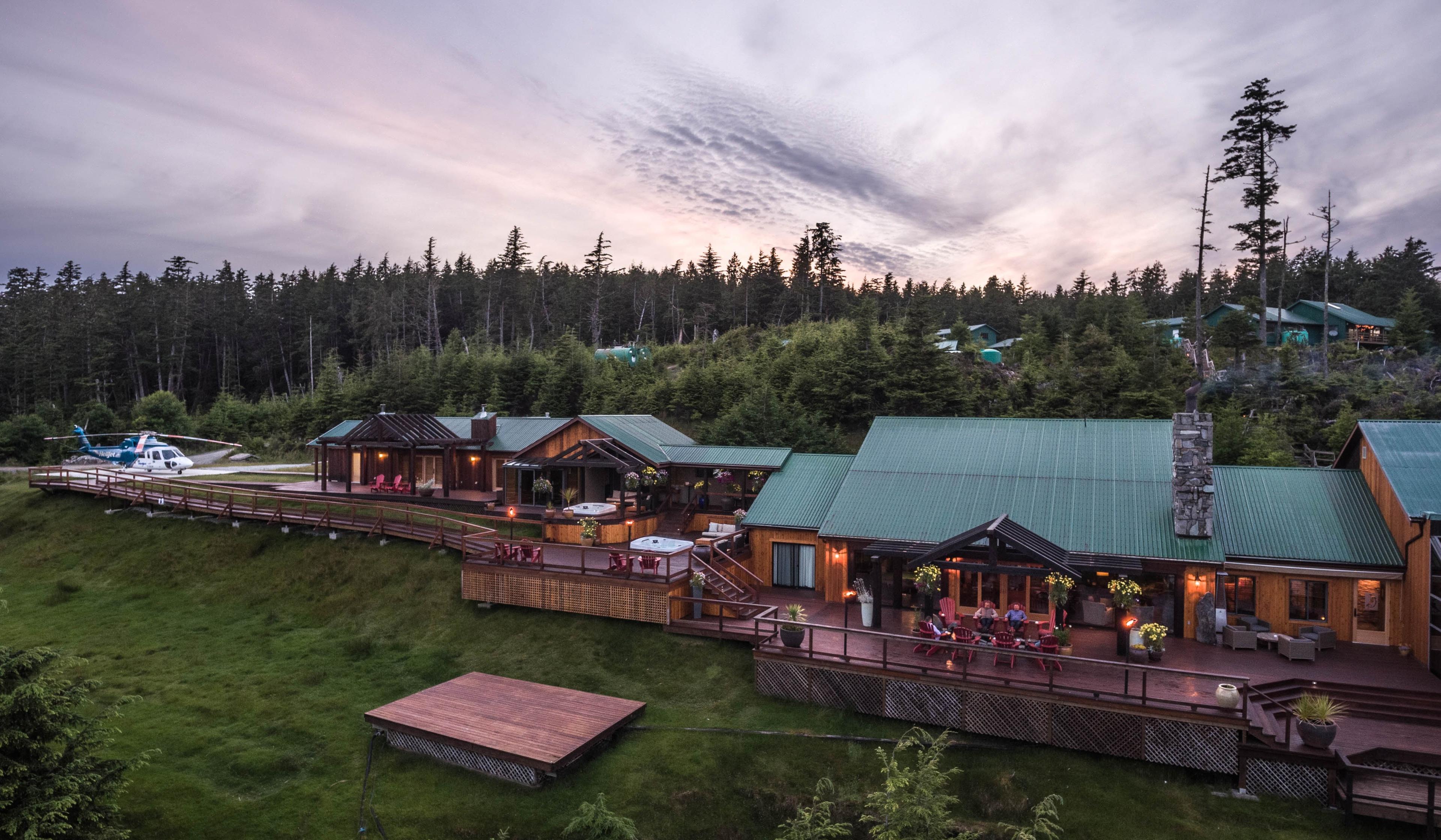 Aerial view of The Clubhouse lodge on Langara Island at dusk