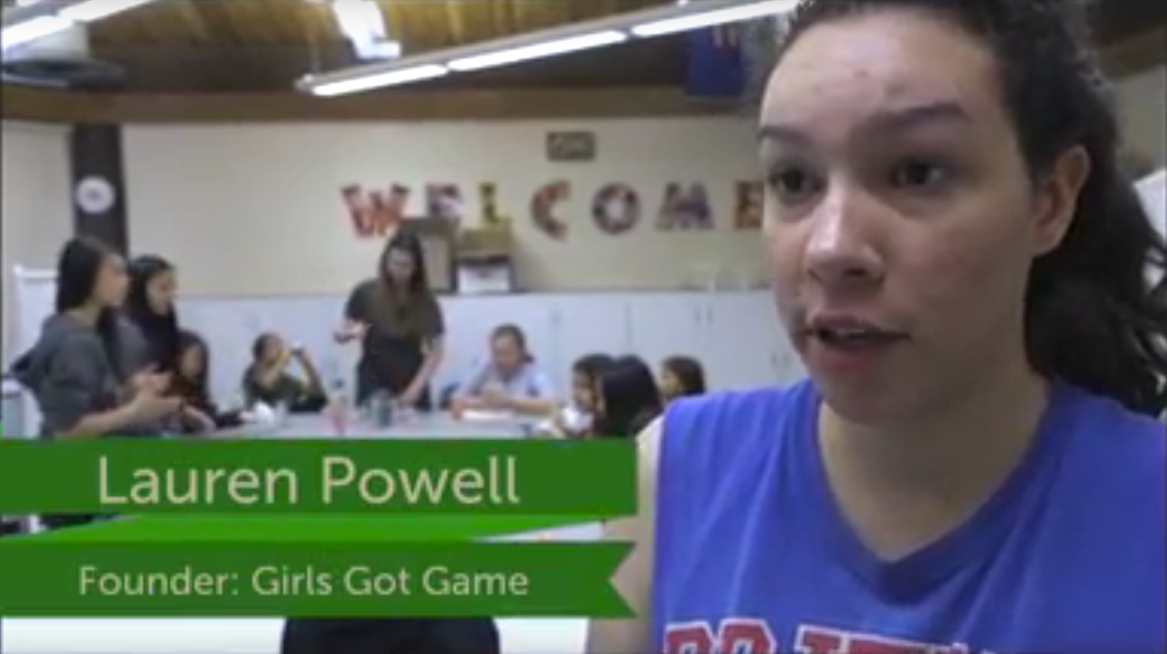 Lauren Powell, founder of Girls Got Game, speaking to camera in a community centre