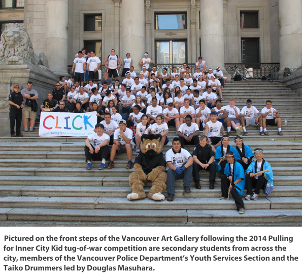 Secondary students from across Vancouver, members of the VPD's Youth Services Section and the Taiko Drummers led by Douglas Masuhara, on the Art Gallery steps after the 2014 tug of war