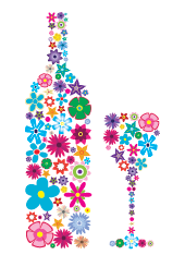 A wine bottle and glass drawn out of flowers