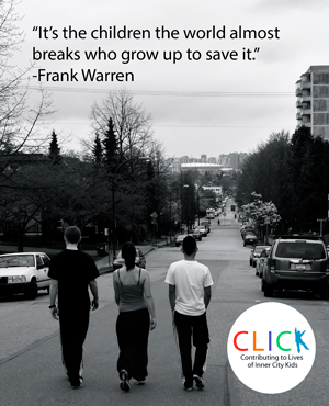 Poster of three young people walking down a Vancouver street, captioned "It's the children the world almost breaks who grow up to save it"