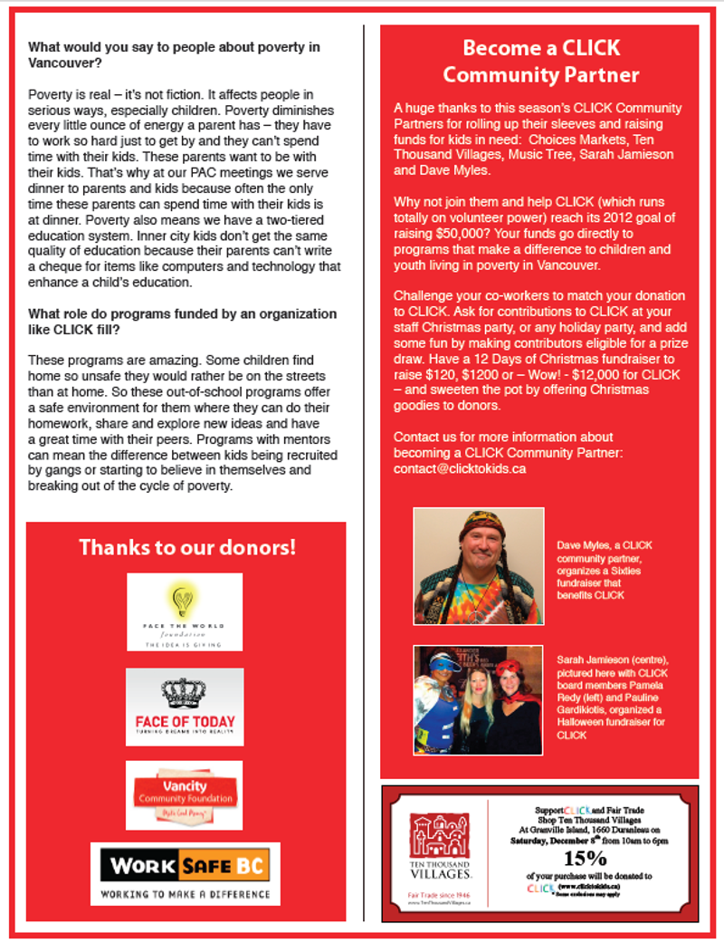 Newsletter page thanking donors and inviting readers to become a CLICK community partner