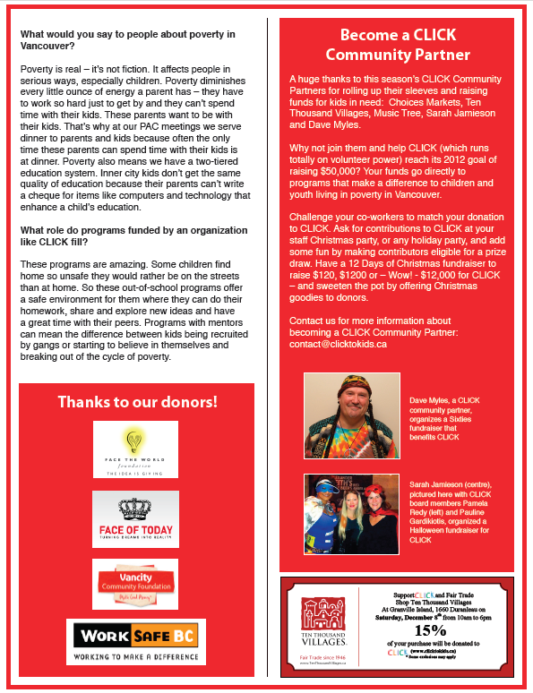 Newsletter page thanking donors and inviting readers to become a CLICK community partner