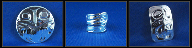 Three of Alvin Adkins's Haida silver pieces — a carved pendant and two bracelets