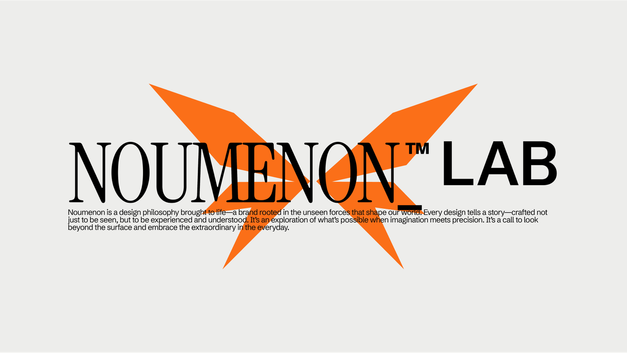 NOUMENON LAB wordmark over a giant orange butterfly symbol, with a brand statement below