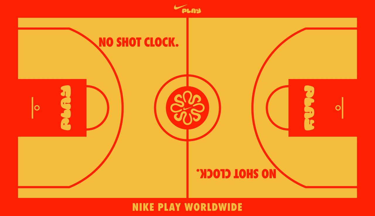 Basketball court graphic in red and yellow marked No Shot Clock, with PLAY in both keys