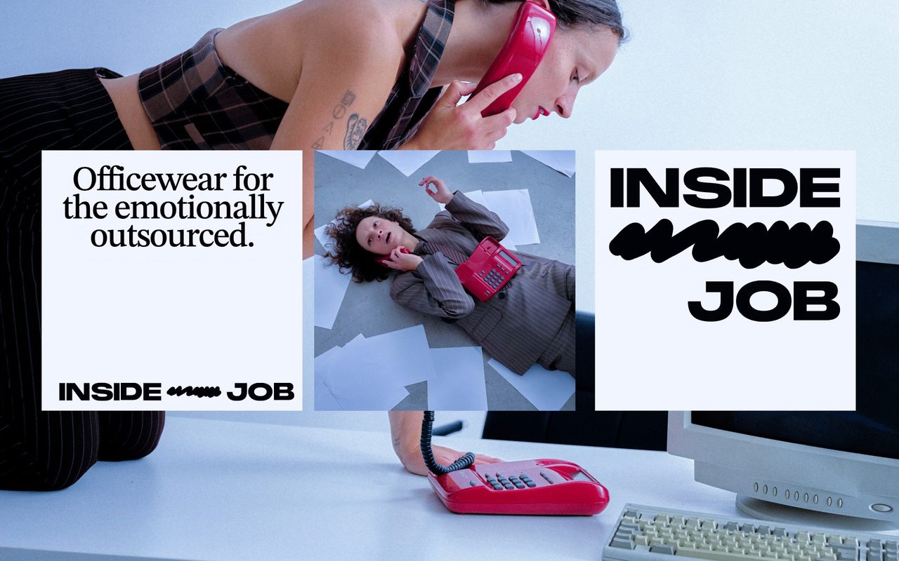 Three Inside Job panels over a model on a red phone at an office desk