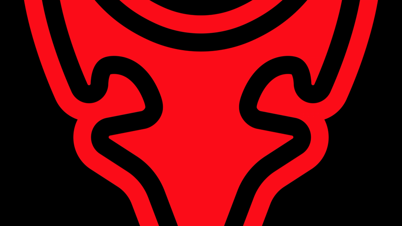 A close crop of the red Destroy 2 Rebuild horned logo on black