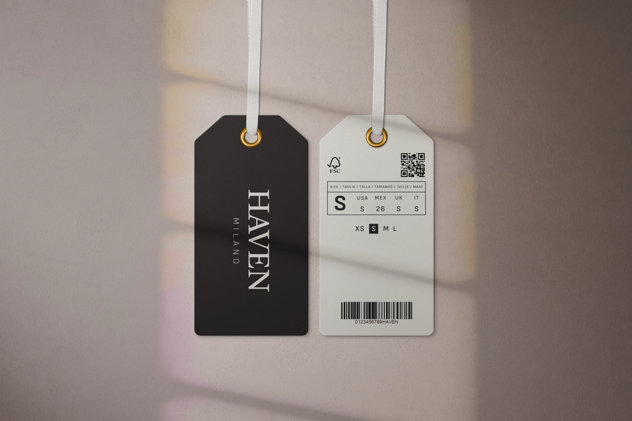 A black HAVEN Milano hang tag and a white size tag with a barcode