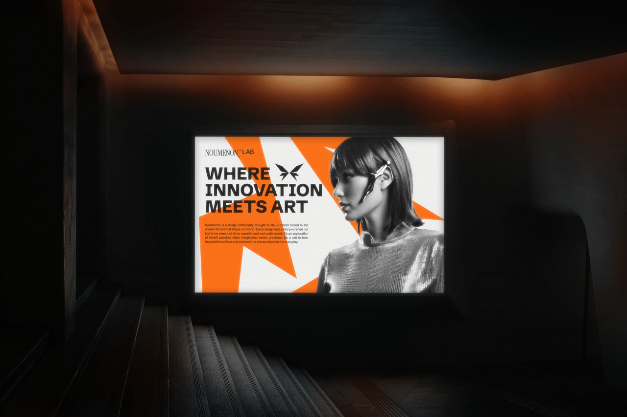 NOUMENON LAB lightbox reading "Where innovation meets art" beside a woman's portrait, in a dark room