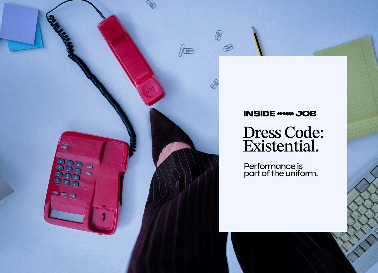 An Inside Job panel reading "Dress Code: Existential" over a desk with a red phone