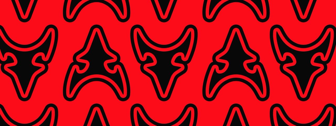 A pattern of black D2R horned logos, upright and inverted, on a red field
