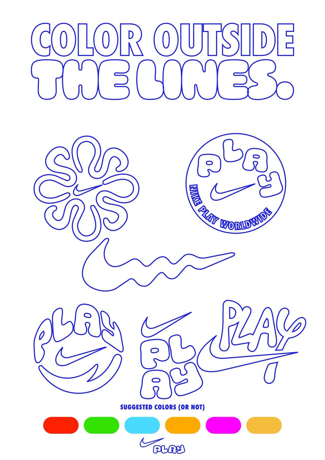 Coloring page of outlined Nike Play logos titled Color Outside the Lines, with six suggested colors