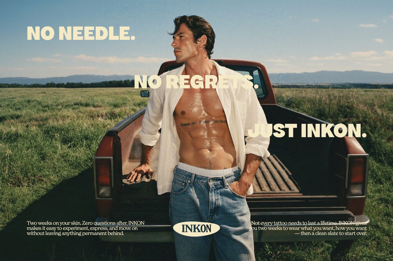 A man in an open white shirt against a red pickup, framed by "No needle. No regrets. Just INKON"