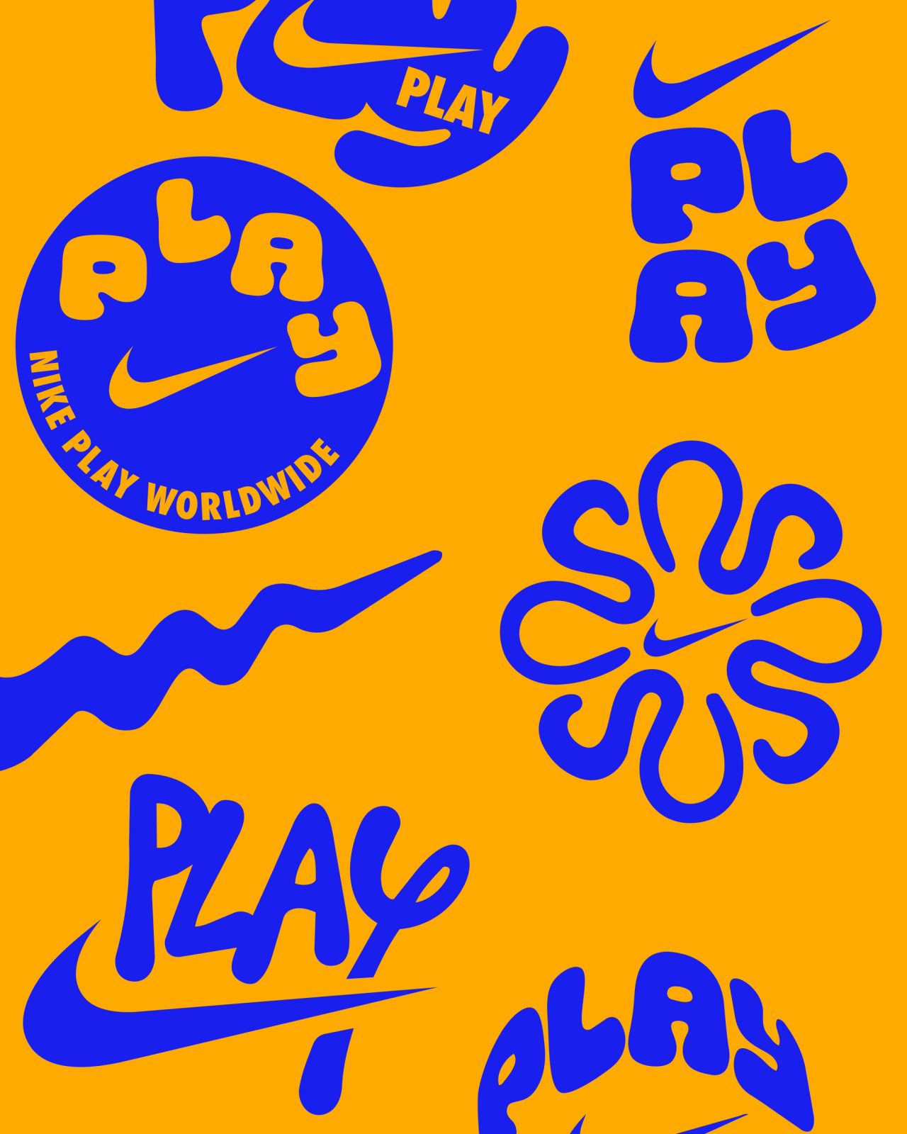 Blue Nike Play logos on orange, including a Nike Play Worldwide badge and a flower mark