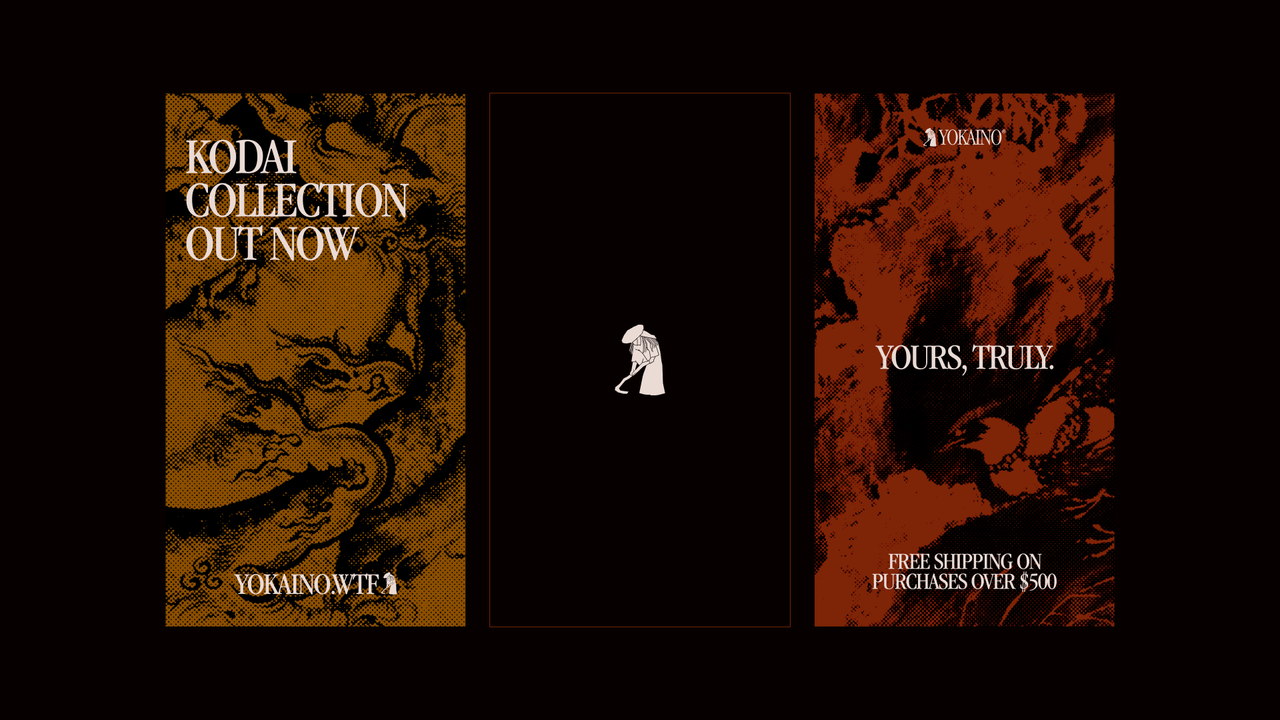 Three vertical Yokaino ads in ochre, black and red, one announcing the Kodai collection