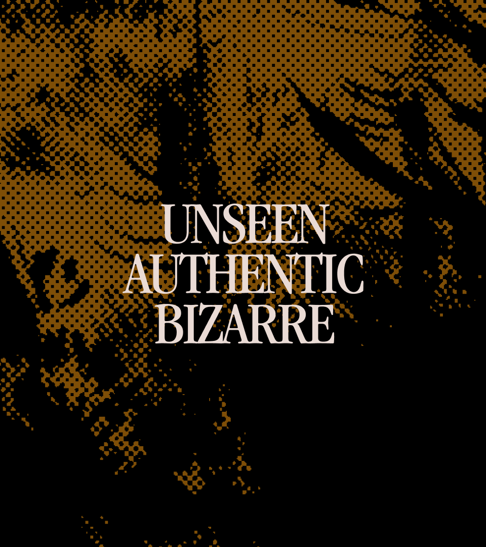 Stacked serif type reading Unseen, authentic, bizarre over an ochre halftone texture