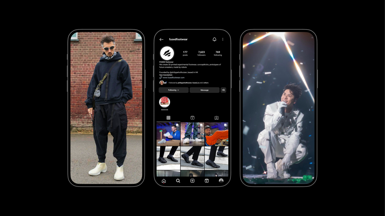 Three phones showing a street portrait, the fusedfootwear social profile and a performer on stage