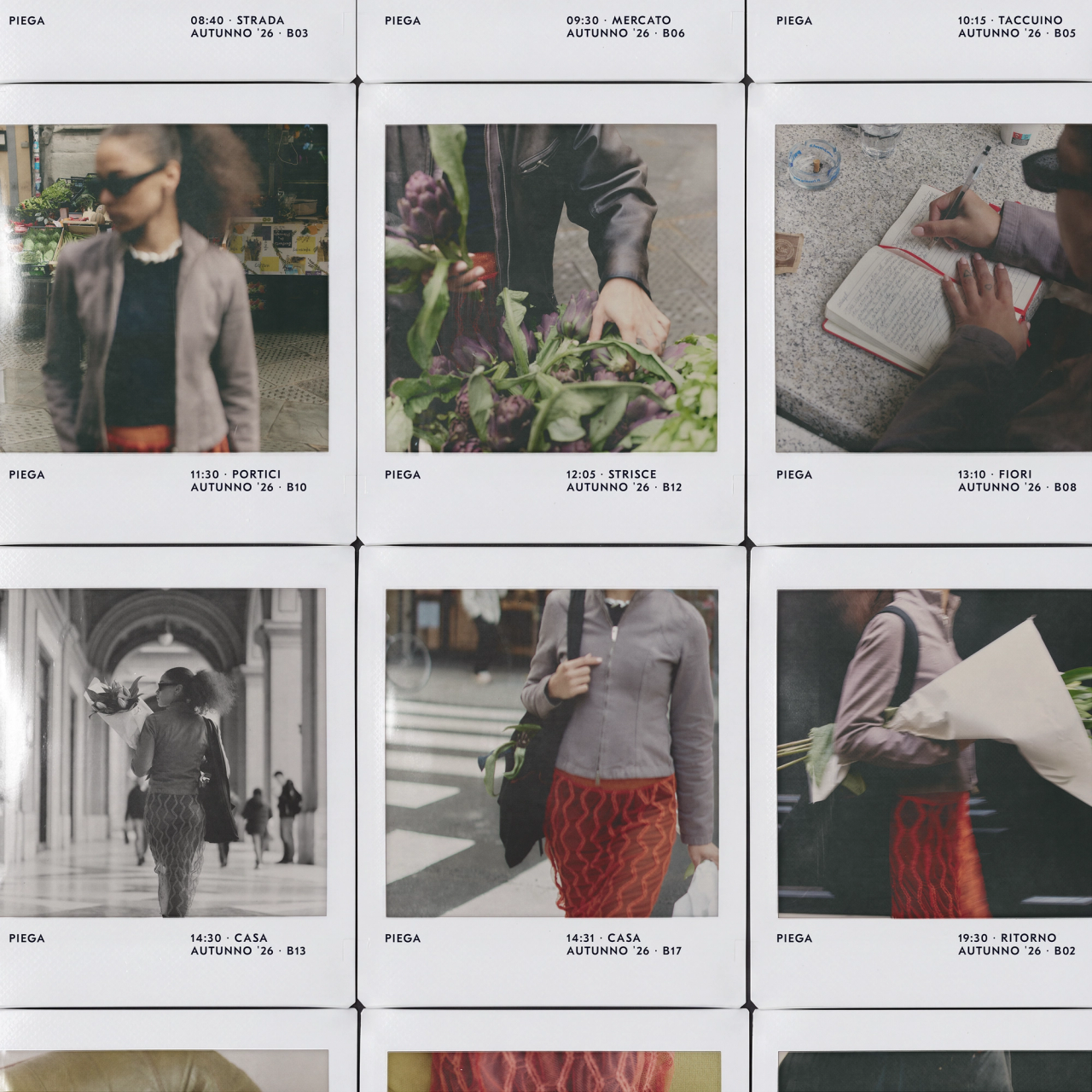 Timestamped PIEGA prints in a grid showing street, market and arcade scenes