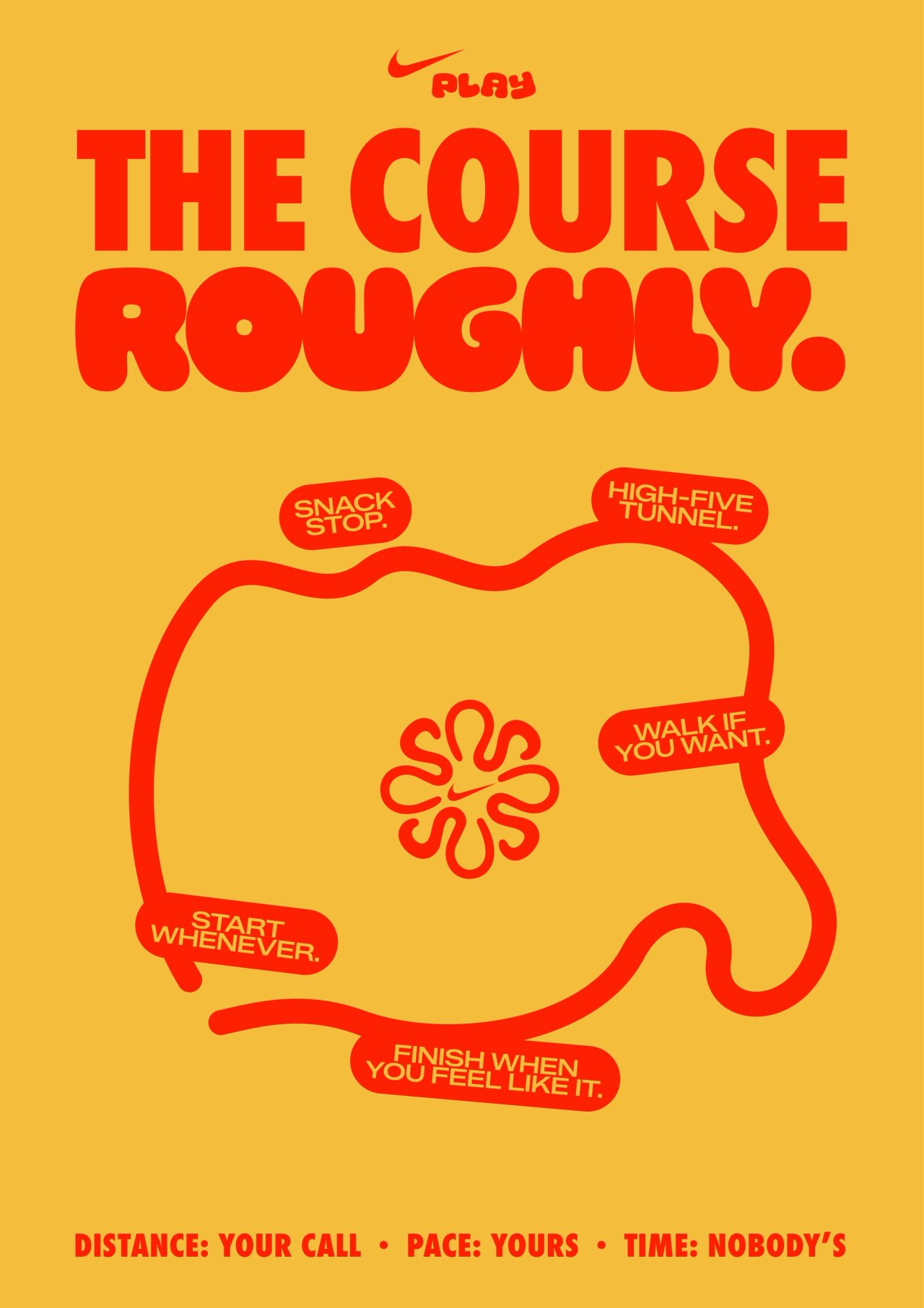 Nike Play course map poster: a winding red loop past Snack Stop and High-Five Tunnel