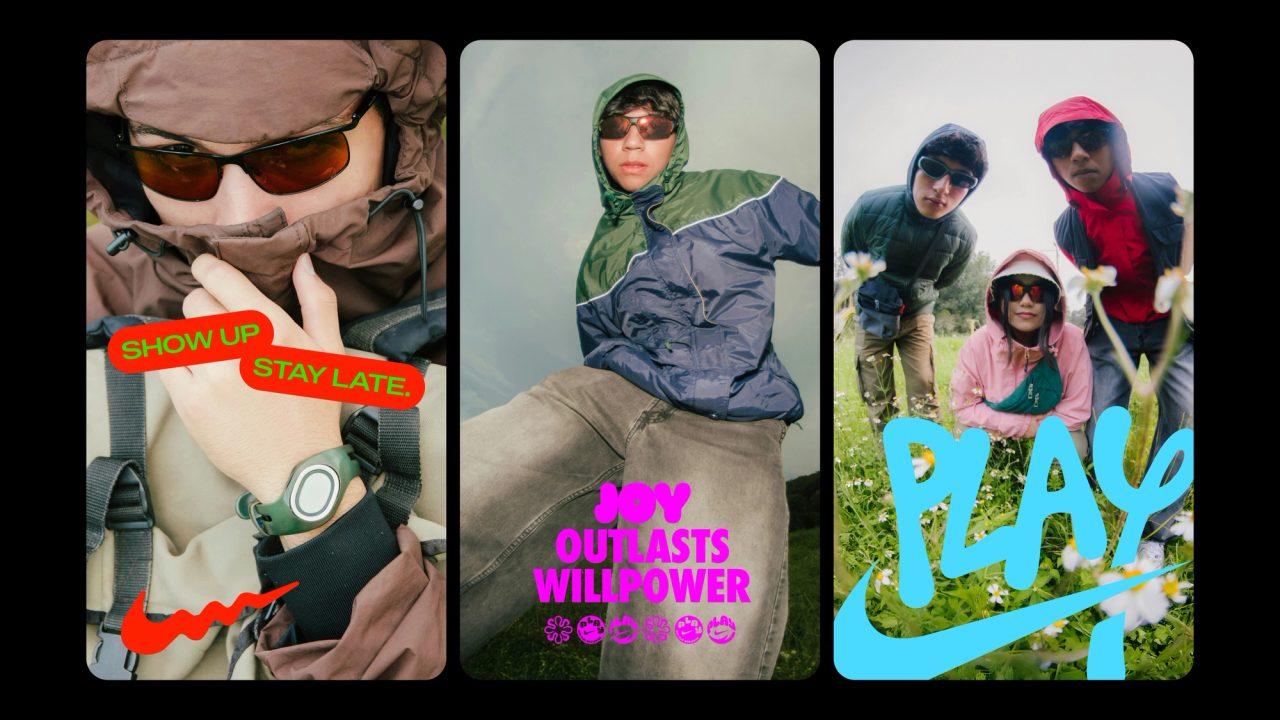 Three vertical panels of friends in hoods and sunglasses, overlaid with Joy Outlasts Willpower and PLAY