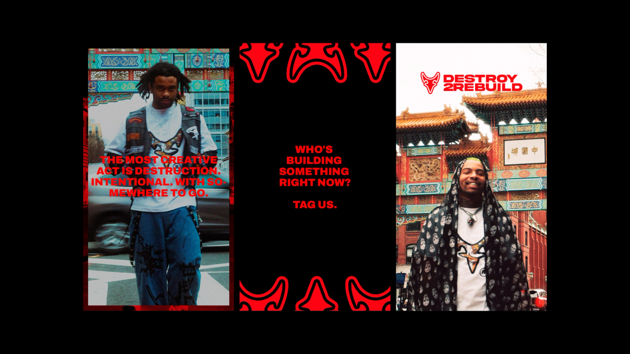 Three vertical D2R panels with street portraits and the line "Who's building something right now?"