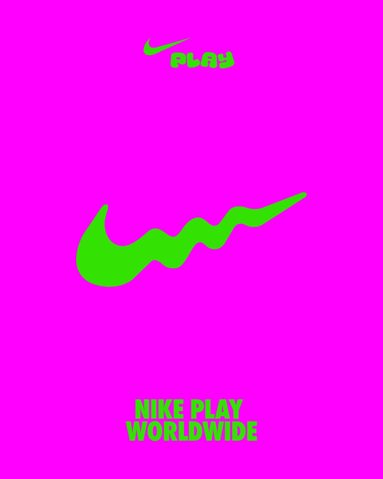 Magenta poster with a large green wavy swoosh above the words Nike Play Worldwide