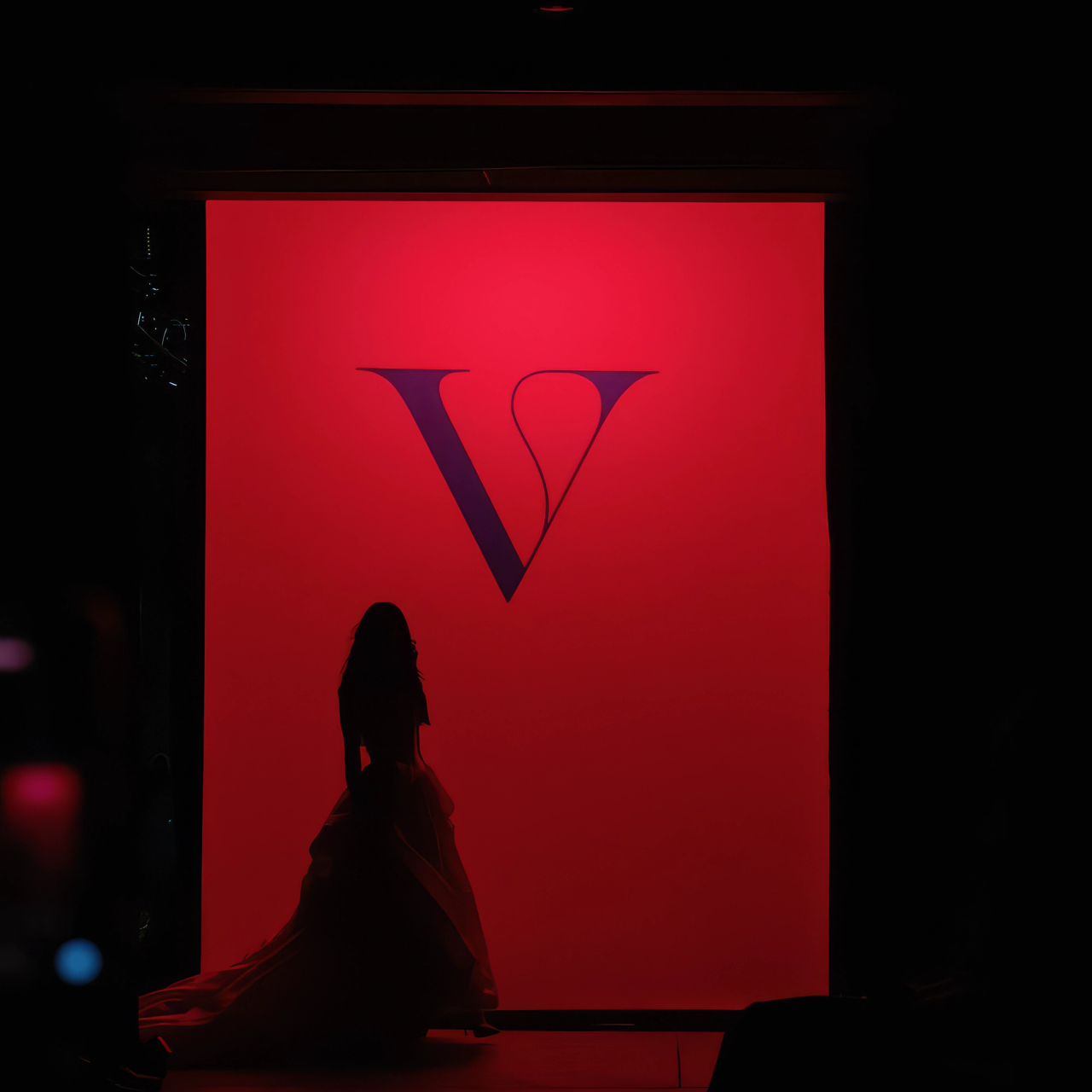 A bride in silhouette before the V monogram