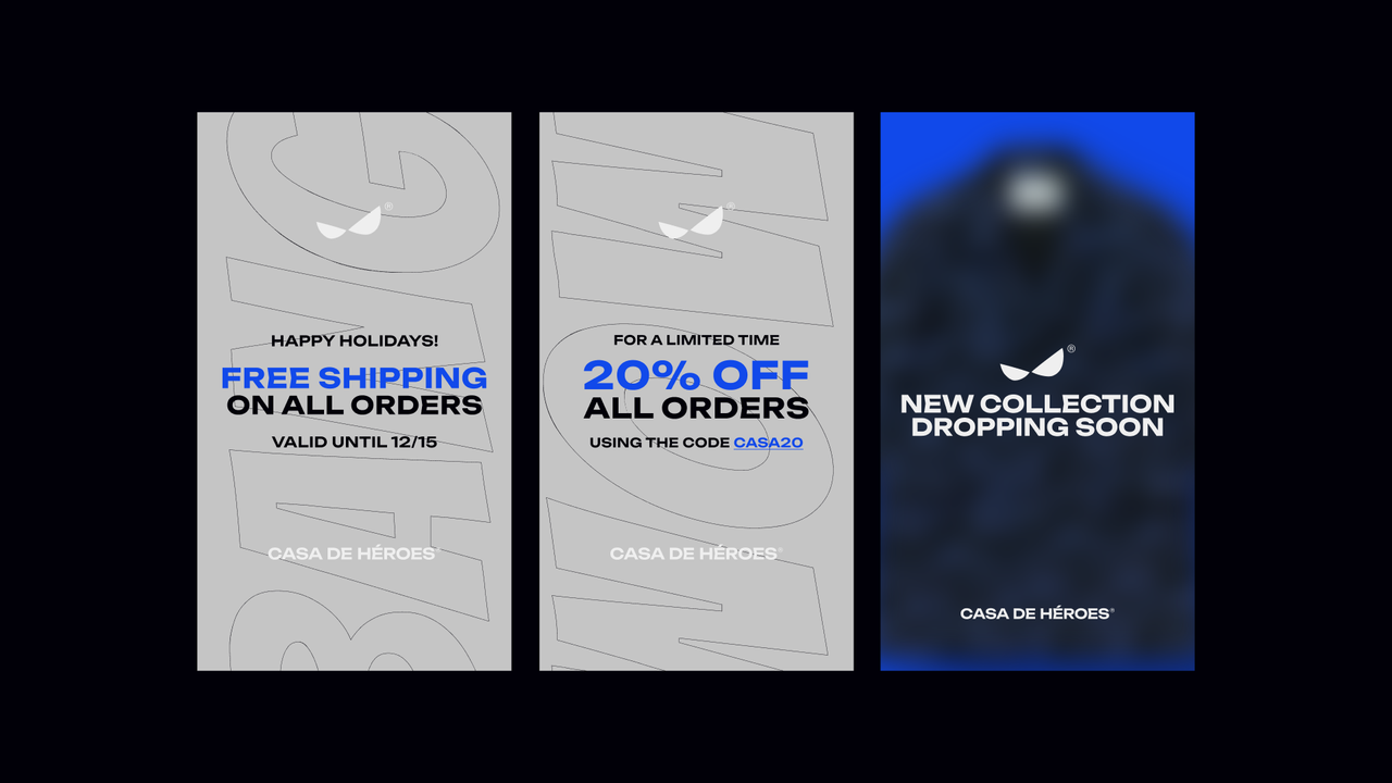 Three vertical Casa de Héroes promotional graphics for free shipping, 20% off and a new collection